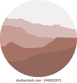 Montañas en un círculo, vista panorámica en estilo moderno de mediados de siglo, ilustración vectorial en blanco, elemento abstracto geométrico para un logotipo, afiche, icono. Ilustración sobre fondo blanco. 