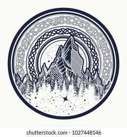 Mountains in the circle tattoo, celtic style. Great outdoors. Symbol of adventure tourism, meditation  