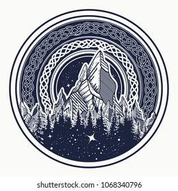 Mountains in the circle tattoo, celtic style. Great outdoors. Symbol of adventure tourism, meditation 