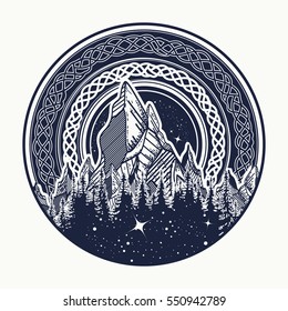 Mountains in the circle tattoo, celtic style. Great outdoors. Symbol of adventure tourism, meditation tribal vector illustration 