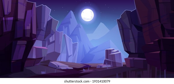 Mountains cleft view from bottom, night scenery landscape with high rocks and full moon with stars glowing over peaks. Beautiful nature background, hills at nighttime, Cartoon vector illustration