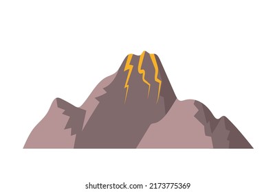 Mountains and cliffs. Graphic elements for creating nature landscape. Erupting volcano from which lava flows. Dangerous and hot place, stylish logo for company. Cartoon flat vector illustration