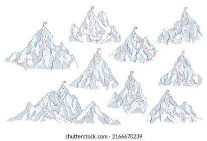 Berge Kletterrouten zum Gipfel mit roter Fahne auf dem Gipfel. Geschäftsreisen gehen voran, gehen zum Erfolg oder Zielvorstellung. Vectorpolygon dot connect style