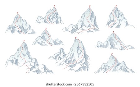 Mountains climbing routes to top rock with red flag on peak. Business journeys path in progress, way to success or concept of goal. Vector illustration