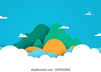 Mountains and cloud on blue sky nature landscape scenery banner background paper art style.Vector illustration.