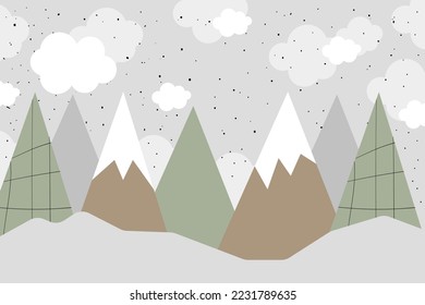 Mountains and clouds. For baby wallpapers, decor, web banners, posters. Vector illustration. Children's wallpaper. Hand drawn in scandinavian style. Mountain landscape. Doodle style.