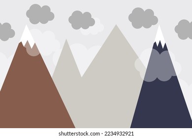 Mountains and clouds. For baby wallpapers, decor, web banners, posters. Vector illustration. Children's wallpaper. Hand drawn in scandinavian style. Mountain landscape. Doodle style.