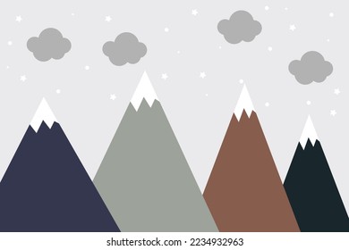 Montañas y nubes. Papeles para bebés, decoración, banners web, afiches. Ilustración vectorial. Papel tapiz infantil. Mano dibujada al estilo escandinavo. Paisaje montañoso. Estilo Doodle.