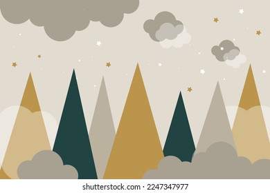 Mountains and clouds. For baby wallpapers, decor, web banners, posters. Vector illustration. Children's wallpaper. Hand drawn in scandinavian style. Mountain landscape.