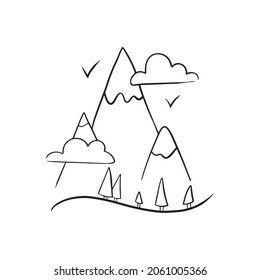 Mountains and clouds. Childs drawing. Doodle sketch isolated on white background. Hand drawn illustration