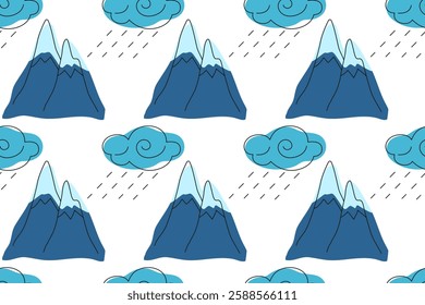 Mountains and clouds create a whimsical pattern in a colorful design