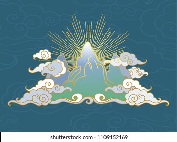 Mountains in clouds. Decorative graphic design element in oriental style. Vector hand drawn illustration