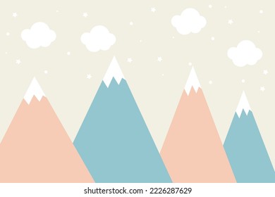 Mountains and clouds in dusty pastel colors. For baby wallpapers, decor, web banners, posters. Vector illustration. Children's wallpaper. Hand drawn in scandinavian style. Mountain landscape.