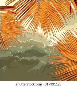 Mountains, clouds and palm leaves in foreground. Background plant, nature (ecology)