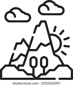 Mountains with clouds, representing nature or outdoor activities. Mountains with clouds icon representing nature, outdoor activities, and scenic landscapes. EPS