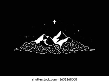 Mountains with clouds and stars, black and white. For spiritual guidance, tarot readers and tattoos.