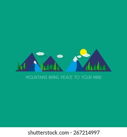 Mountains with clouds and sun, flat icons illustration vector