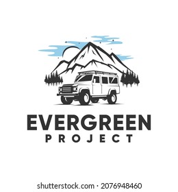 mountains, clouds, sun, pine, jeep, adventure logo inspiration