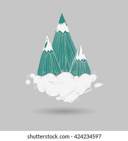 Mountains in the clouds. Three mountains. The mountain range on the cloud.