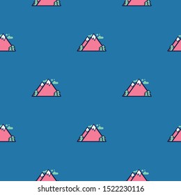 Mountains, clouds and trees. Minimal icon. Equal interval abstract vector seamless pattern. Cartoon style, minimalistic flat design. Trendy illustration. Blue background. Perfect for prints