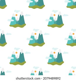 Mountains with clouds, vector seamless pattern in flat style