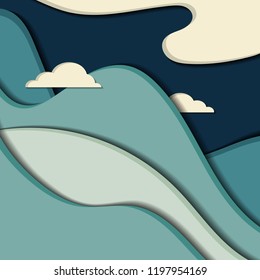 Mountains with clouds. Vibrant multicolored paper cut background. Abstract modern 3d origami paper art style