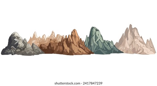 Mountains of colorful set. This mountains landscape showcase the art of design combined with the grandeur of natural beauty against a pristine white canvas. Vector illustration.