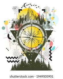 Mountains and compass. Adventure, travel, outdoors, symbol. Zine culture concept. Hand drawn vector glitch tattoo, contemporary cyberpunk collage. Vaporwave art 