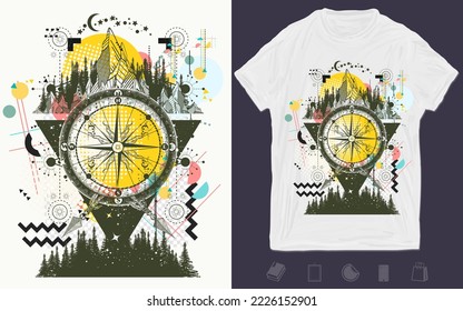 Mountains and compass. Adventure, travel, outdoors, symbol. Zine culture concept. Hand drawn vector glitch tattoo. T-shirt design. Creative print for clothes. Template for posters, textiles