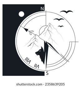 Mountains and compass. Brand Identity Logo Designs Vector Illustration Template. Isolated on a white background.