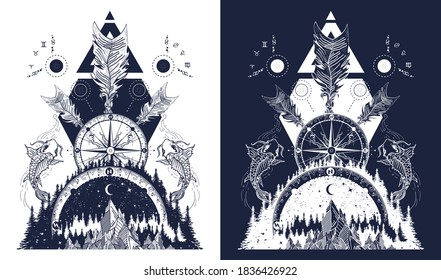 Mountains, compass, fish and crossed arrows tattoo and t-shirt design. Outdoor and adventure art. Black and white vector graphics 