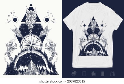 Mountains, compass, fish and crossed arrows tattoo and t-shirt design. Outdoor and adventure art. Vector graphics template. Hand drawn illustration 