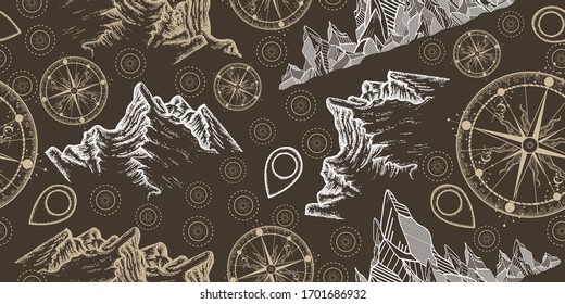 Mountains, compass, map pointer, tourist. Seamless pattern. Packing old paper, scrapbooking style. Vintage background. Medieval manuscript, engraving art. Symbols of mountaineering, adventures 