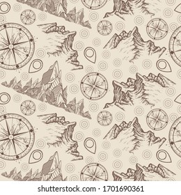 Mountains, compass, map pointer, tourist. Seamless pattern. Packing old paper, scrapbooking style. Vintage background. Medieval manuscript, engraving art. Symbols of mountaineering, adventures 