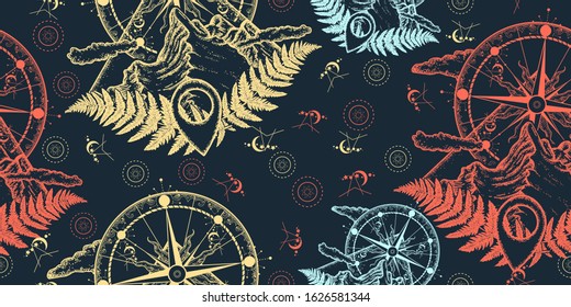 Mountains and compass. Seamless pattern. Packing old paper, scrapbooking style. Vintage background. Medieval manuscript, engraving art. Symbol of tourism, rock climbing, camping 