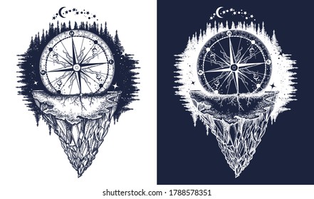 Mountains and compass tattoo art. Symbol of tourism, adventure, meditation, rock climbing, camping. Great outdoors t-shirt design. Black and white vector graphics 