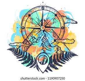 Mountains and compass tattoo watercolor splashes style. Symbol of tourism, rock climbing, camping. Mountain top and vintage compass t-shirt design 