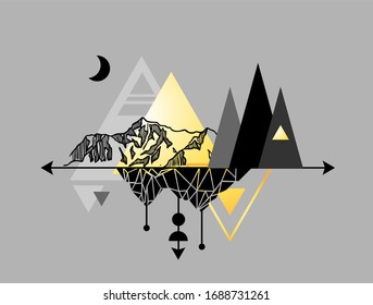 Mountains composition. Boho style vector illustration. Beautiful styised mountains landscape.