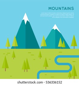 Mountains conceptual vector in flat style design. Meadow with trees, river and snow-capped mountains on the horizon.  Banner for environmental, ecological, touristic concepts and web page design.  