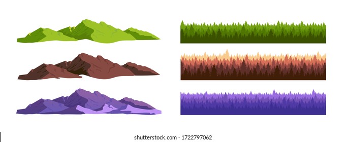 Mountains and coniferous forest cartoon vector objects set. Wild nature landscape constructor. Fir trees and rocks flat color illustrations collection. Woodland isolated pack on white background