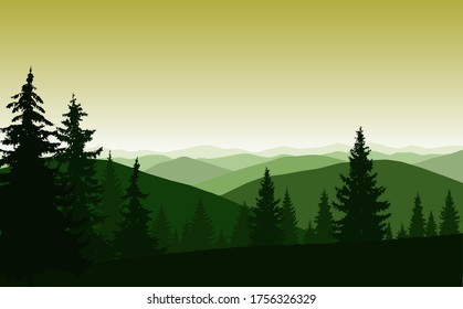 Montañas y árboles de coníferas. Tonos verdes y amarillos.