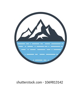 Mountains Covered By Snow And Blue Lake. Vector Design Element Vintage Style for Logotype, Label, Badge, Emblem. Mountain Logo, Hills Logo, Mountain Symbol, Mountain Icon, Retro Logo