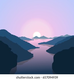 Mountains covered with forest, lake at dawn. Vector landscape. 
