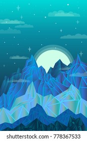 Mountains covered with snow and ice. The moon rises from behind the mountains. Vector illustration on a theme winter.