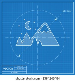 Mountains covered with snow at night illustration. Traveling vector blueprint icon. 