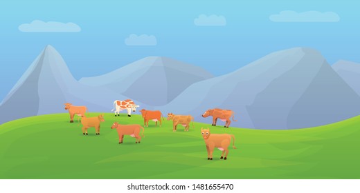 Mountains cows concept banner. Cartoon illustration of mountains cows vector concept banner for web design