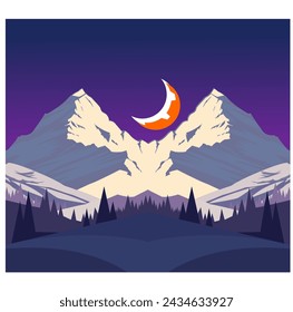Mountains with a crescent moon in the night. Vector illustration