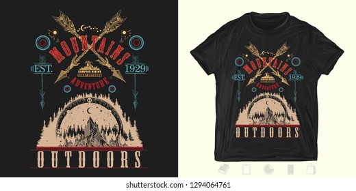 Mountains and crossed arrows. Print for t-shirts and another, trendy apparel design. Outdoors art. ymbol travel, tourism, extreme sports and rock climbing 