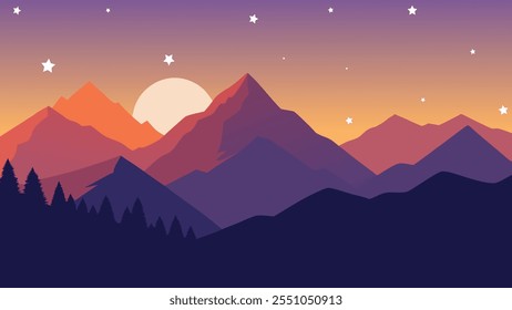 Montañas al amanecer, al amanecer, creando una atmósfera tranquila y vibrante Ilustración vectorial plana