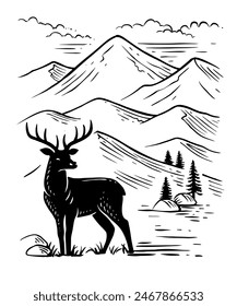 Mountains and deer vector. Nature landscape travel sketch.
